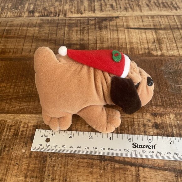1991 Christmas Dog Plush Vintage Stuffed Toy Brown Santa Hat Red Puppy Gro Well - Picture 6 of 7